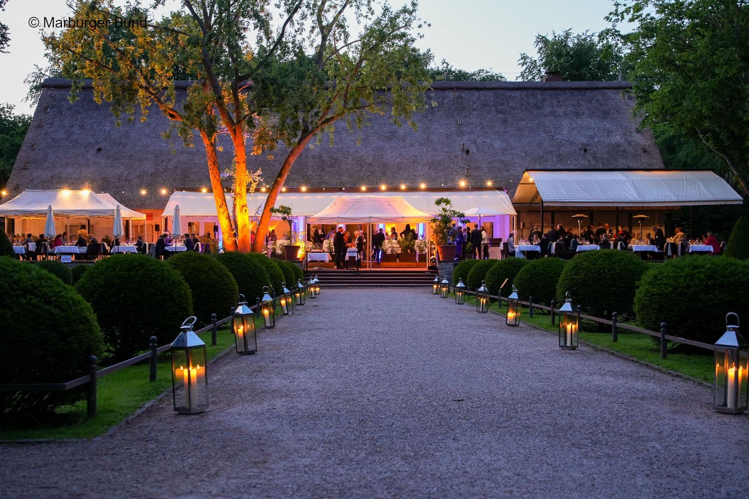 Blick auf die illustre Gesellschaft des Sommerfestes des Marburger Bundes im Teehaus im englischen Garten
